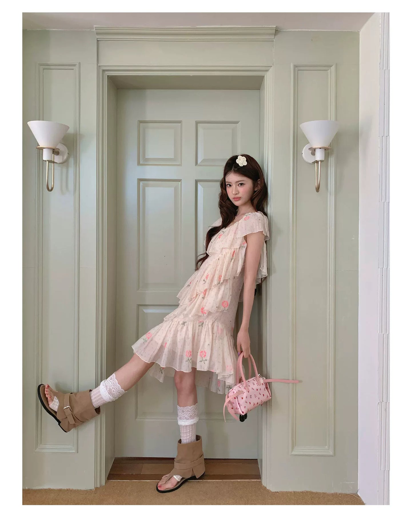 “Cloud Ruffle Reverie” Cream Apricot Floral Ruffle Dress