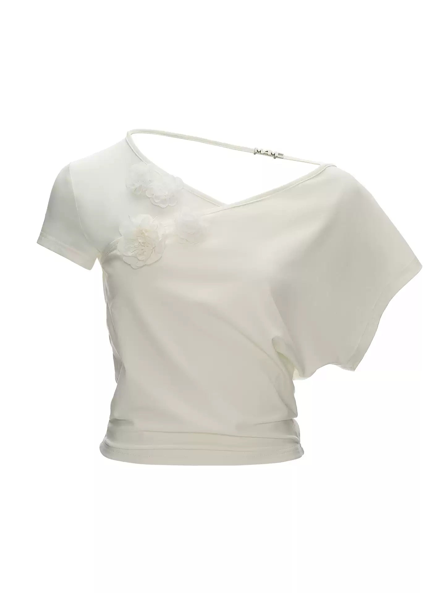 White Asymmetrical Flower Ruched Crop Top WE943
