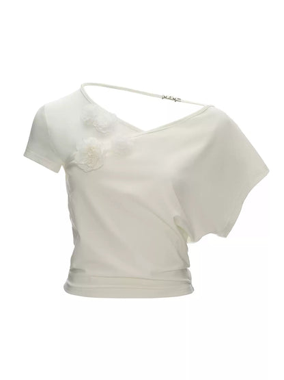 White Asymmetrical Flower Ruched Crop Top WE943