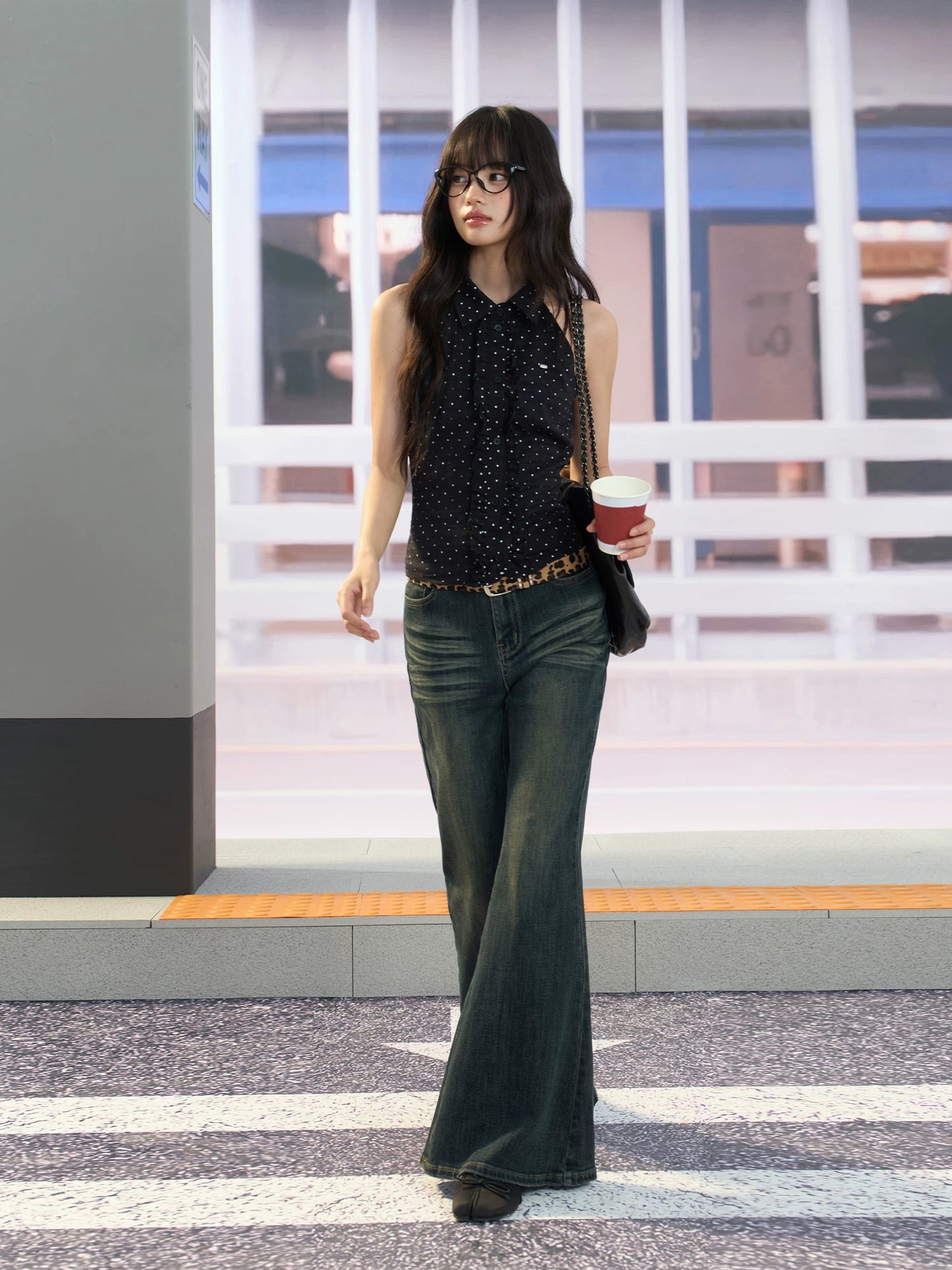 "Midnight Rendezvous" Black Polka Dot Halter Sleeveless Blouse