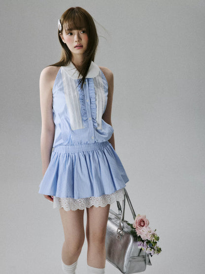 LOST FOREST  - Blue Striped Lace-Trim Halter Dress with Elastic Waist