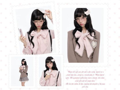 “Melody Academia” Pink Blazer + Blush Pink Shirt + Black & White Plaid Skirt Set