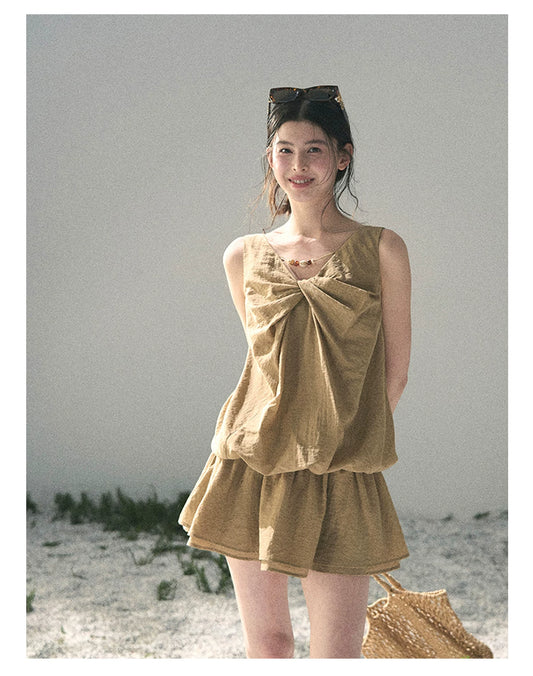 “Whispering Grass” Milk Tea Twist Mini Dress