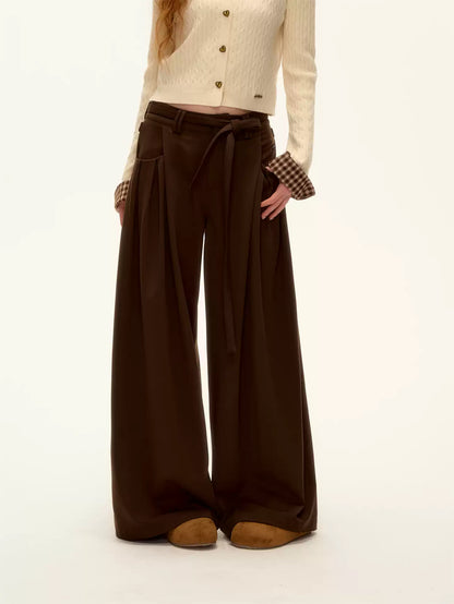 ASGONY - Pleated Wide-Leg Trousers with Detachable Tie (Gray / Brown)