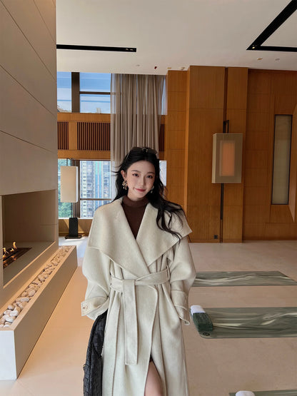 QuQuOuYang - 100% Wool Double-Face Belted Coat with Convertible Collar