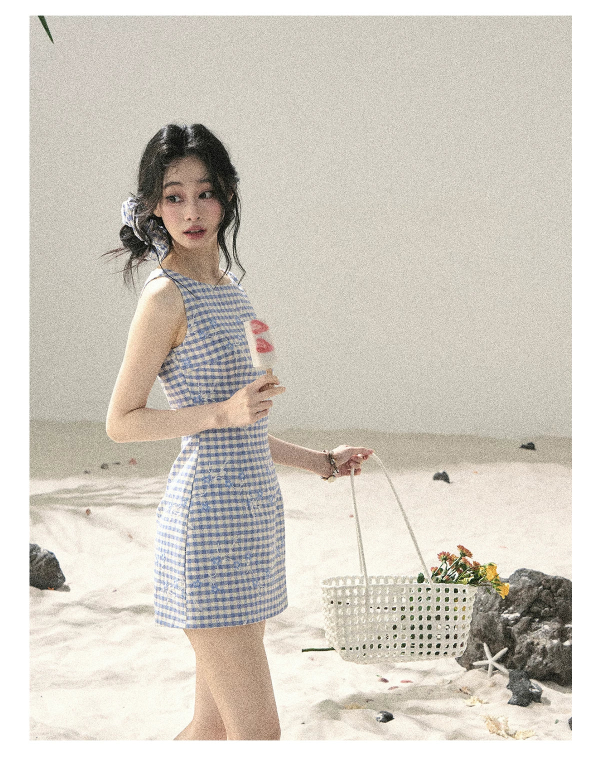 "Sea Breeze Reverie" Sky Blue Embroidered Plaid Mini Dress (With Matching Scrunchie)