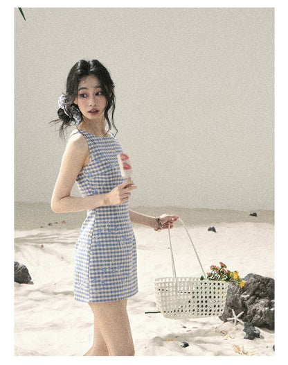 "Sea Breeze Reverie" Sky Blue Embroidered Plaid Mini Dress (With Matching Scrunchie)