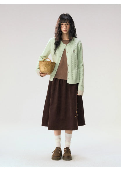[CAN] "Autumn Letter" Bow Embroidered Faux-Layered Cable Knit Cardigan (Pink & White / Sage Green & Brown)