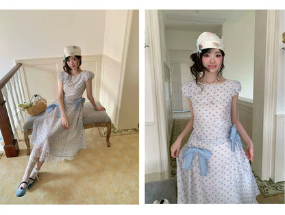 “Blue Mist Polka Reverie” Mist Blue Bow Lace Dress