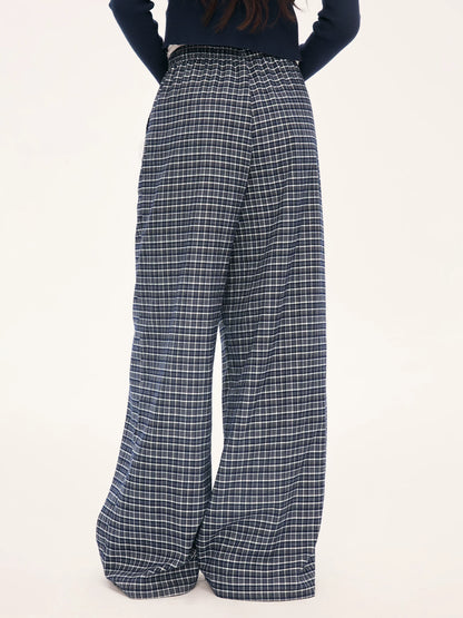 "Weekend Departure" Navy Plaid Wide-Leg Pants