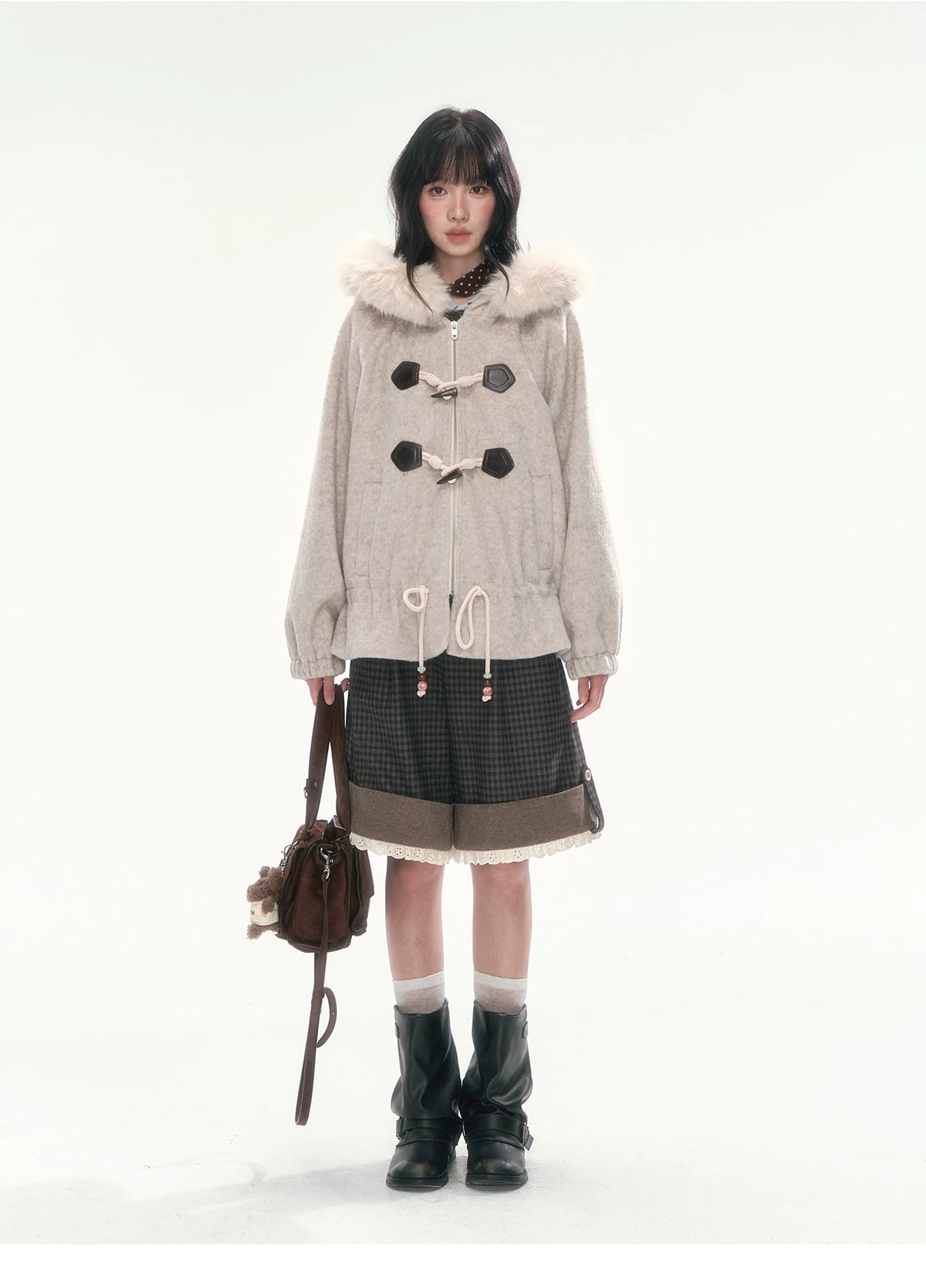 CAN - "Frosted Cloud Reverie" Beige Gray Detachable Faux-Fur Collar Wool-Blend Jacket