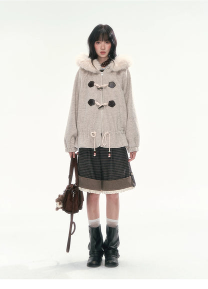 CAN - "Frosted Cloud Reverie" Beige Gray Detachable Faux-Fur Collar Wool-Blend Jacket