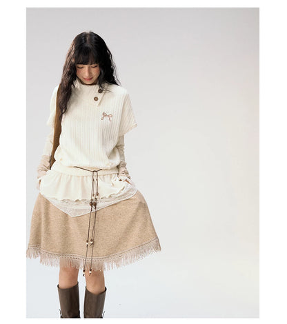 [CAN] "Cloud Knit Reverie" Ivory Cable Knit Bow Embroidered Vest