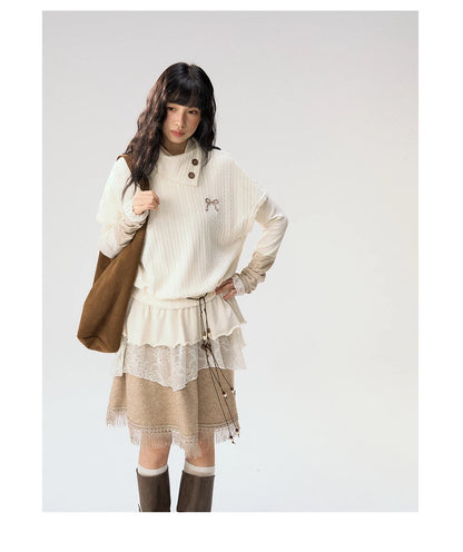 [CAN] "Cloud Knit Reverie" Ivory Cable Knit Bow Embroidered Vest