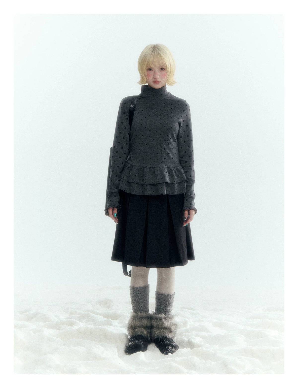 Horridale - Dark Gray Polka Dot Mock Neck Layering Top with Ruffle Hem