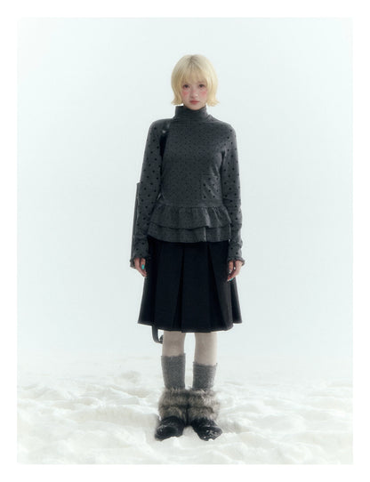 Horridale - Dark Gray Polka Dot Mock Neck Layering Top with Ruffle Hem