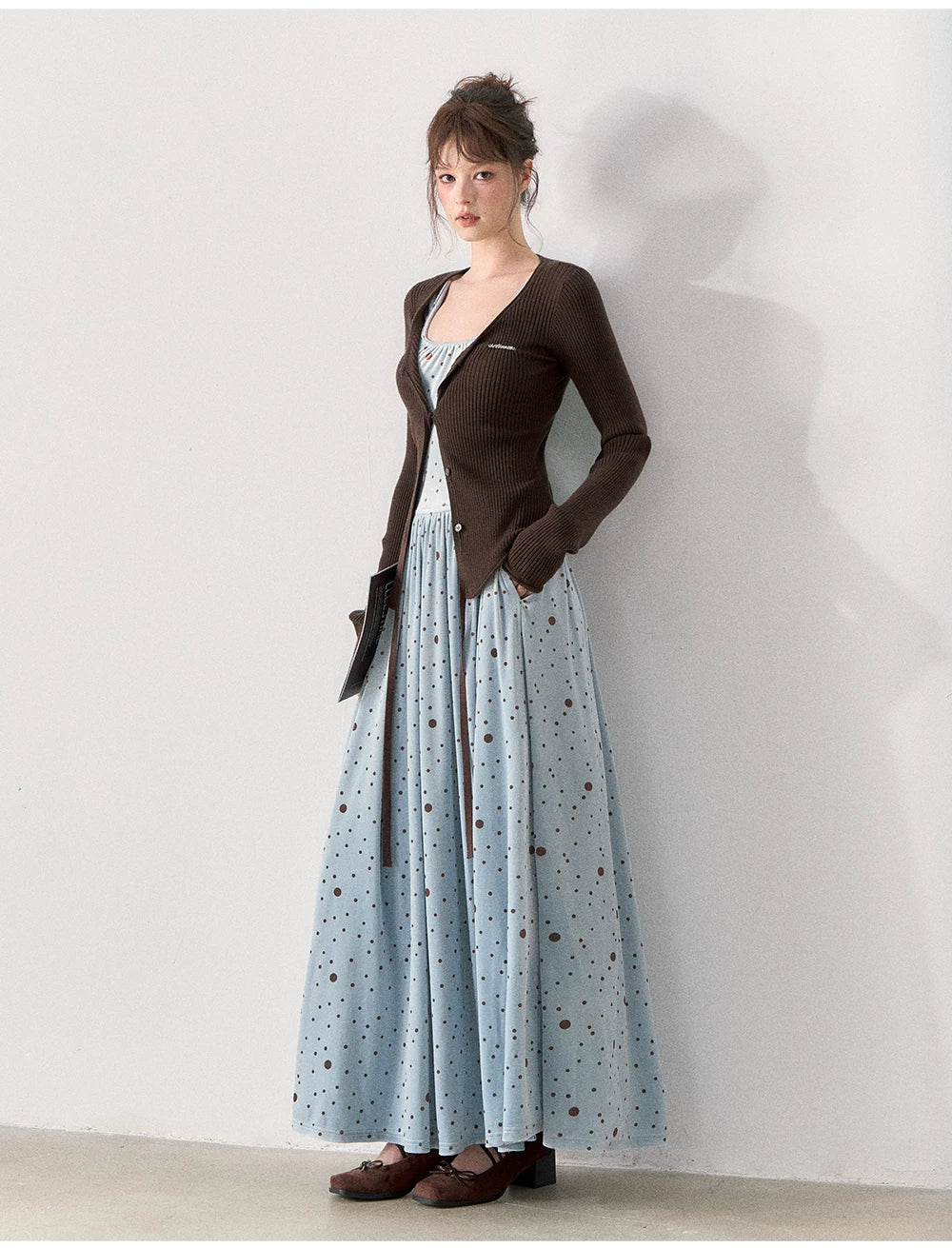 [TMMG] Vintage Polka Dot Velvet Dress & Fitted Ribbed Cardigan Set