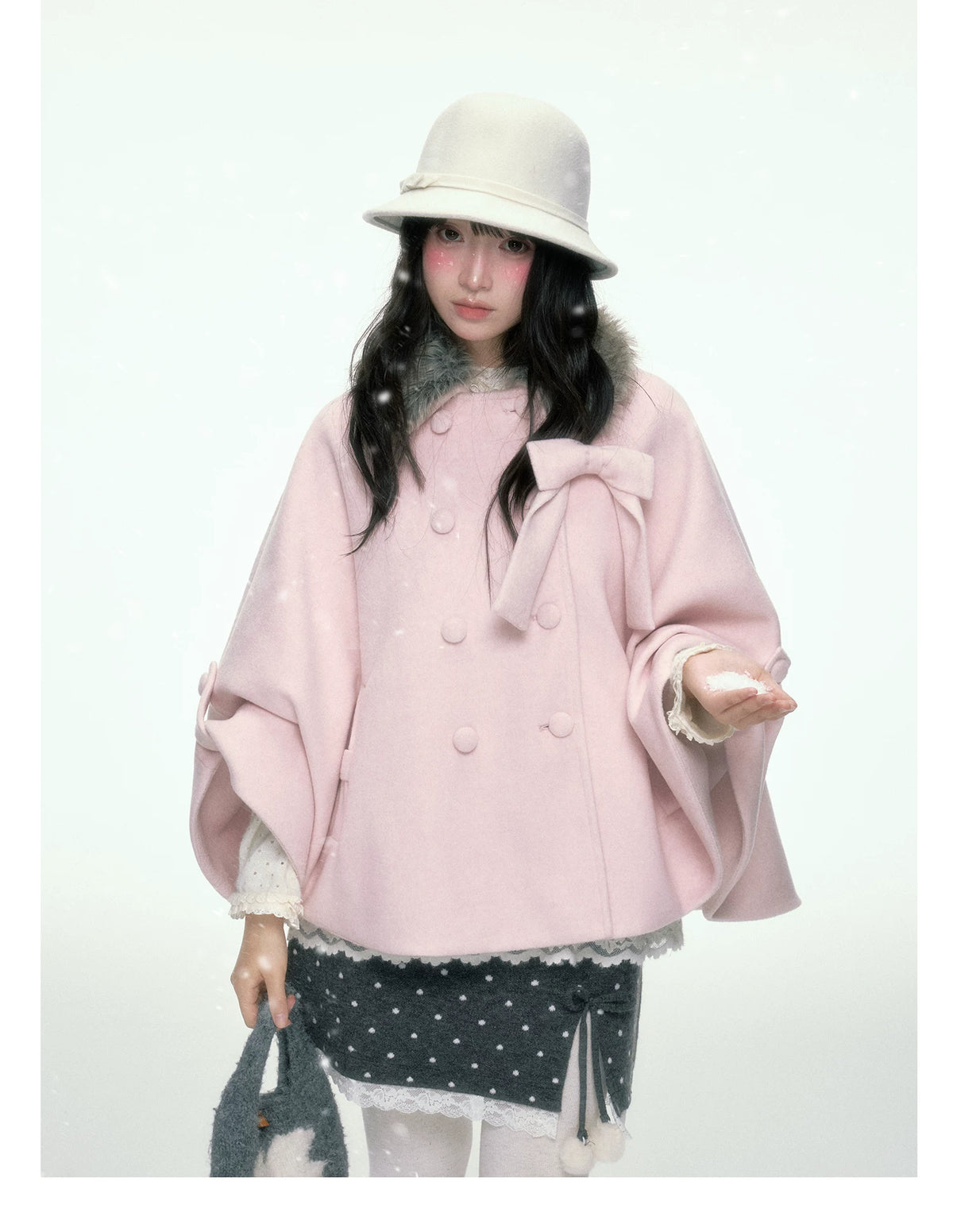 BIBIBENCY - Gray Polka Dot A-Line Knit Skirt with Bow Details
