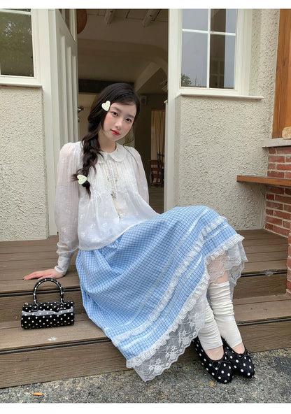 [RF] “Pure Lace” White Floral Jacquard Peter Pan Collar Puff-Sleeve Blouse