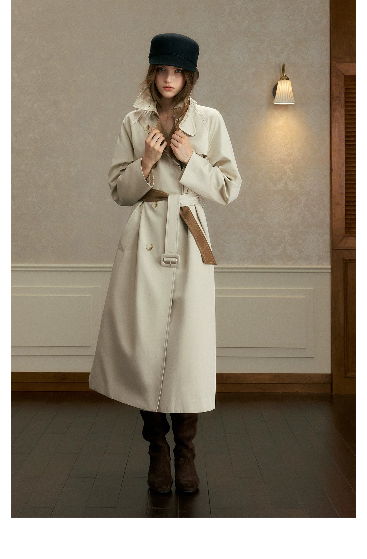 oshea - Moonlight Gray Double-Breasted Belted Long Trench Coat