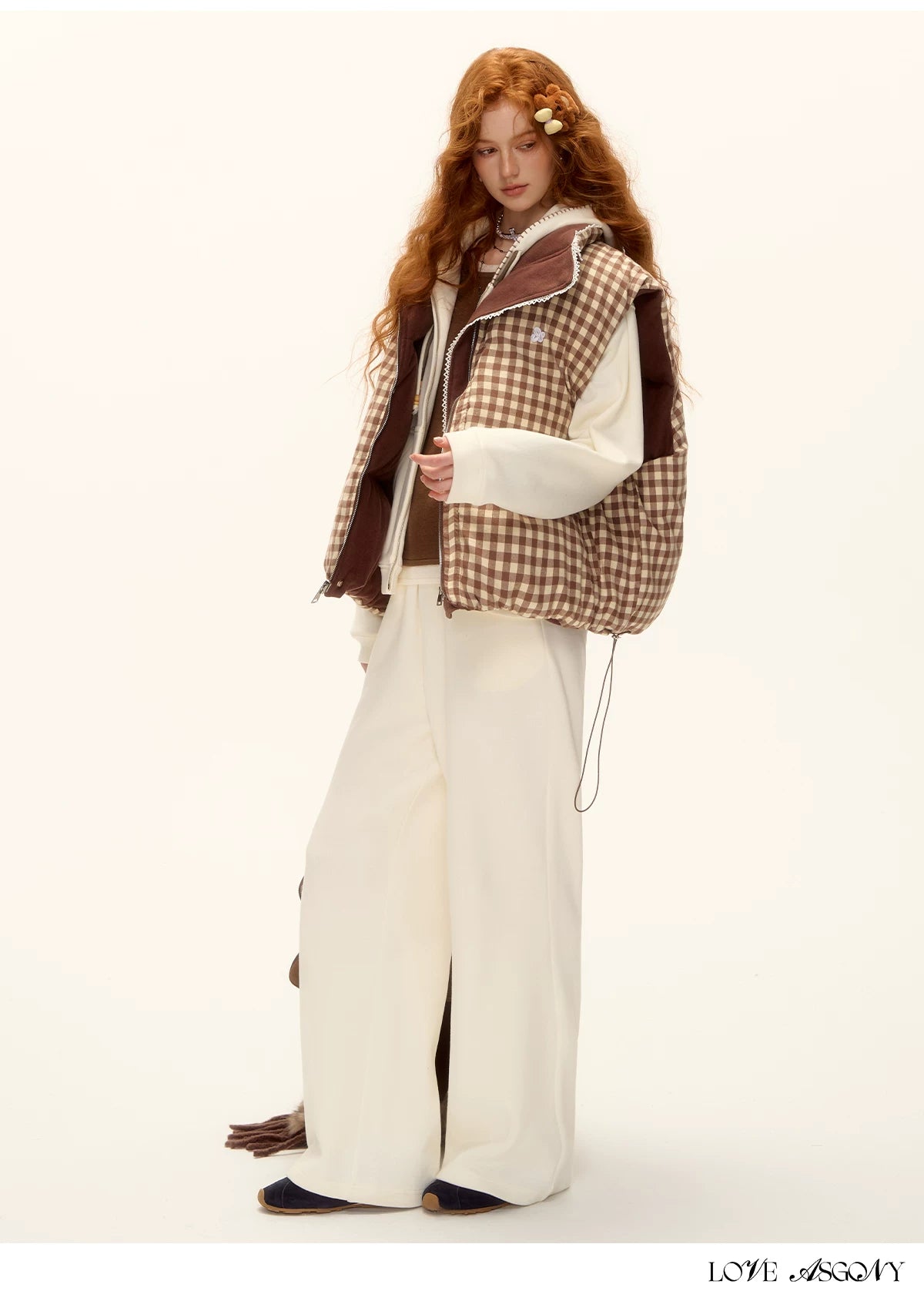 ASGONY - Reversible Plaid Lace-Trim Quilted Vest (Brown / Gray)