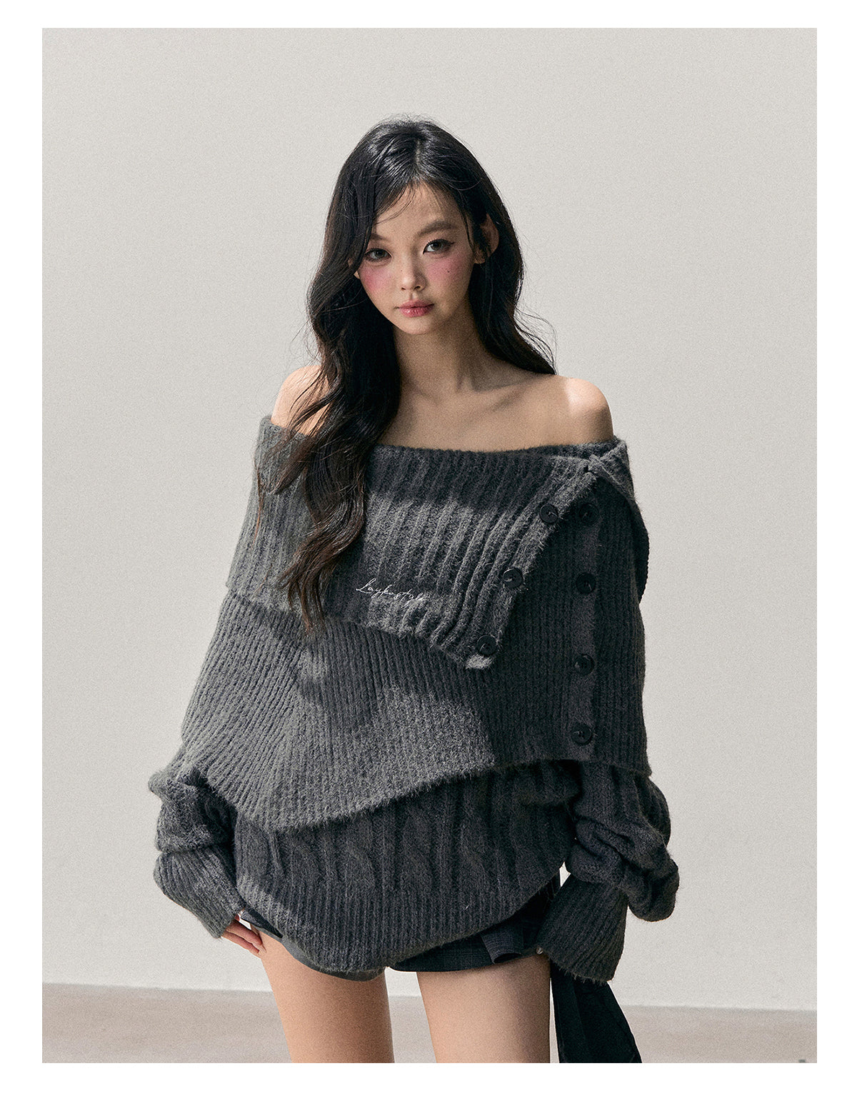 少也眼 “Falling Awake” Off-Shoulder Korean Knit Two-Piece Top with Shawl 9465