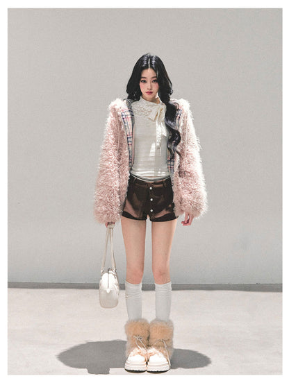 少也眼 "Echoes of a Dream" Pink Sherpa Hooded Jacket