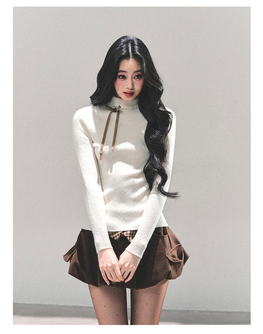 少也眼 “Velvet Touch” Semi-Turtleneck Long Sleeve Knit Top - Almond 586255478