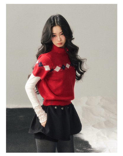 少也眼 “Snow-Wrapped Christmas Letter” Mock Neck Short-Sleeve Knit Top