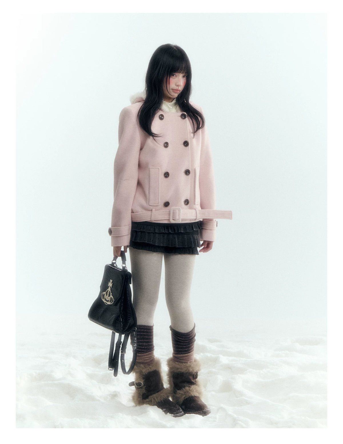 Horridale - Light Pink Double-Breasted Hooded Wool Blend Coat