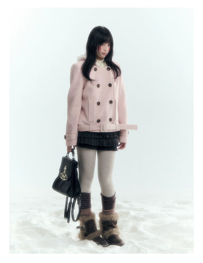 Horridale - Light Pink Double-Breasted Hooded Wool Blend Coat