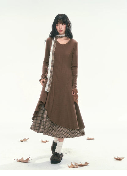 CAN - "Brownie Winterfield" Brown Plaid-Trim Ruched Knit Midi Dress