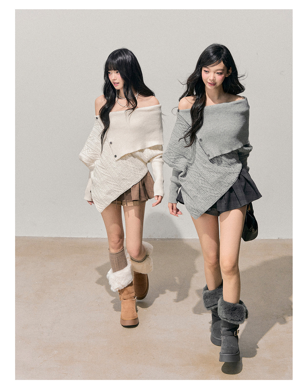 少也眼 “Letter from the Snow Country” Off-Shoulder Asymmetric Cable-Knit Sweater 1464854