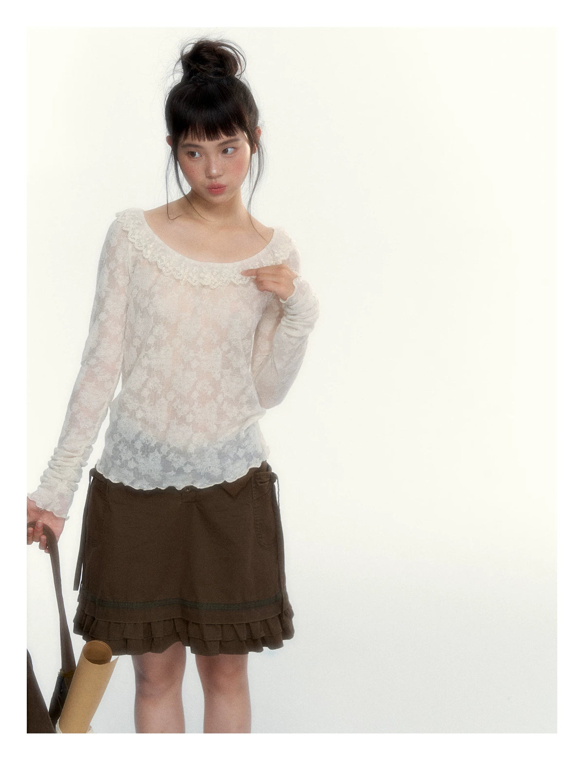 “Everyday Mist” Jacquard Lace Layering Top ( Ivory / Fog Gray )