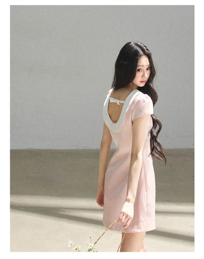 "First Bloom" Pink Mist Satin Puff Mini Dress