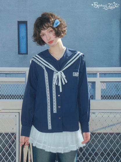 ZiziFei - Navy Collar Lace-Trimmed Long Sleeve Blouse