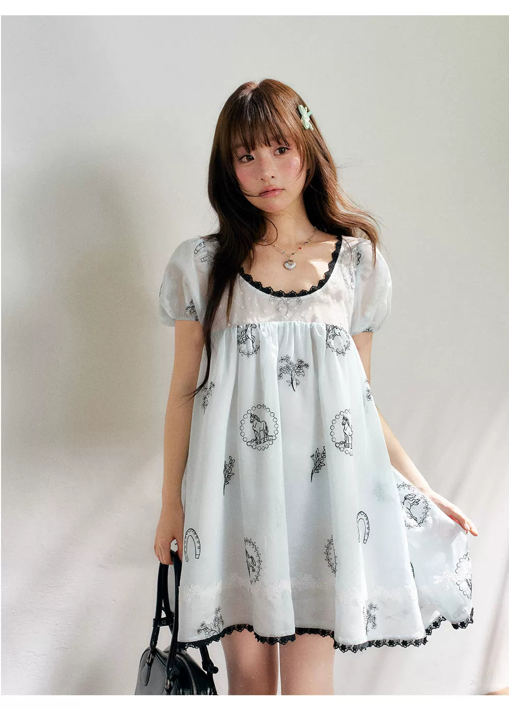 “Brown Sugar Fairytale” Blue Embroidered Puff Sleeve Dress
