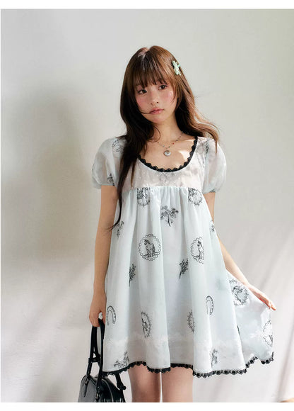 “Brown Sugar Fairytale” Blue Embroidered Puff Sleeve Dress