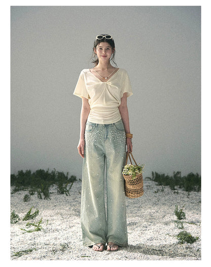 “White Between Breaths” Ivory Twist V-Neck Top