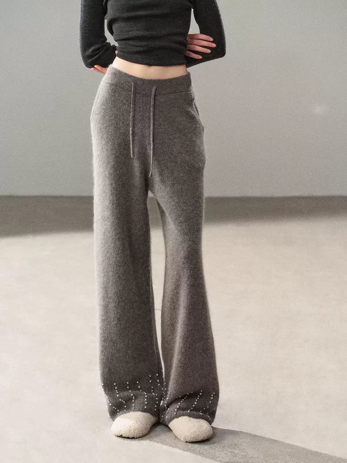 AOMALM - "Moonlit Silver" Bead-Detail Wide-Leg Knit Pants – Cloud Gray