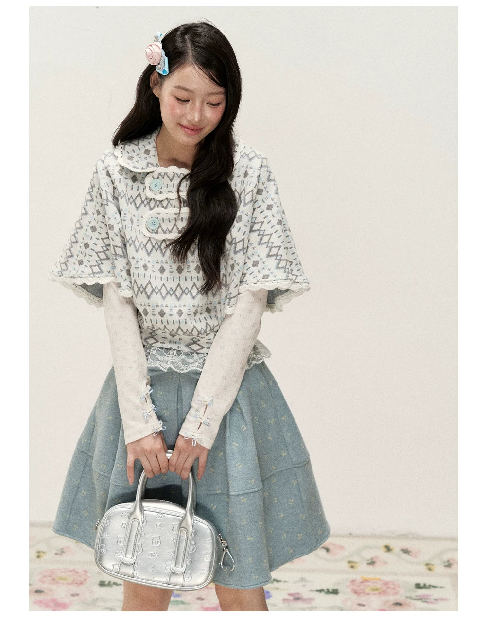 [RF] Mist Gray Argyle Jacquard Cropped Poncho-Style Pullover with Lace Trim