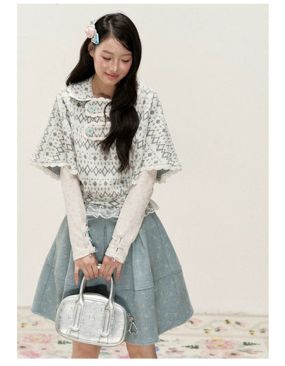 [RF] Mist Gray Argyle Jacquard Cropped Poncho-Style Pullover with Lace Trim