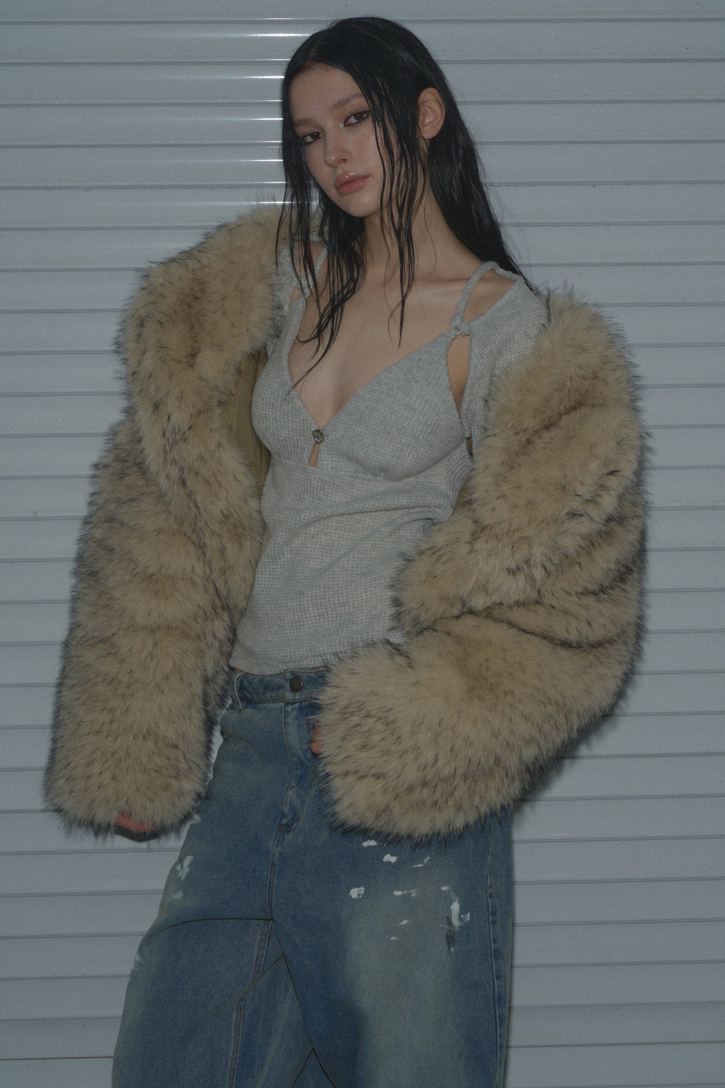 Muirgen - Y2K Tipped Faux Camel Hair Shawl Cropped Jacket