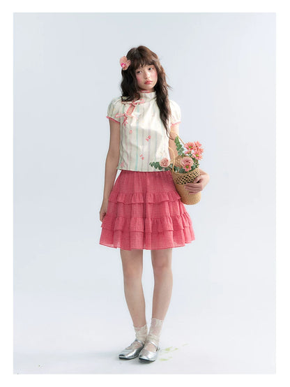 "Peach Blossom" Beige Floral Print Mandarin Collar Blouse