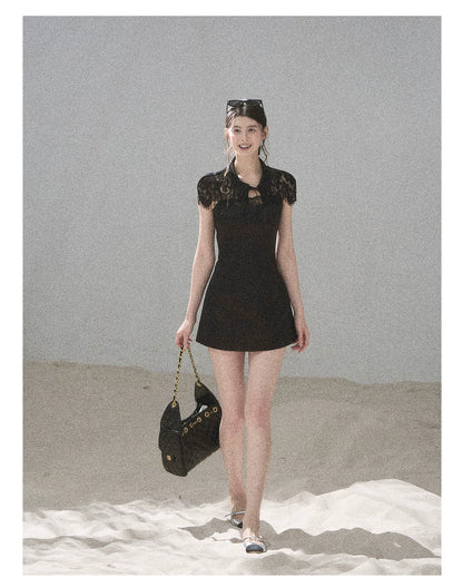 "Moonlit Rose Sonata" Tranquil Black Lace Mini Dress & Cape Set