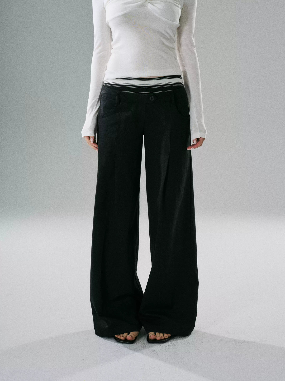 LOST FOREST - Khaki & Black Striped Wide-Leg Floor-Length Pants