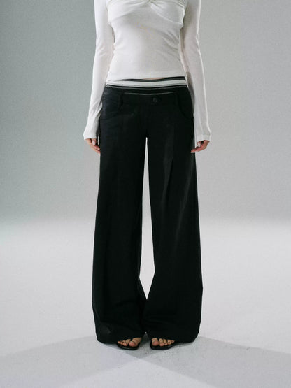 LOST FOREST - Khaki & Black Striped Wide-Leg Floor-Length Pants