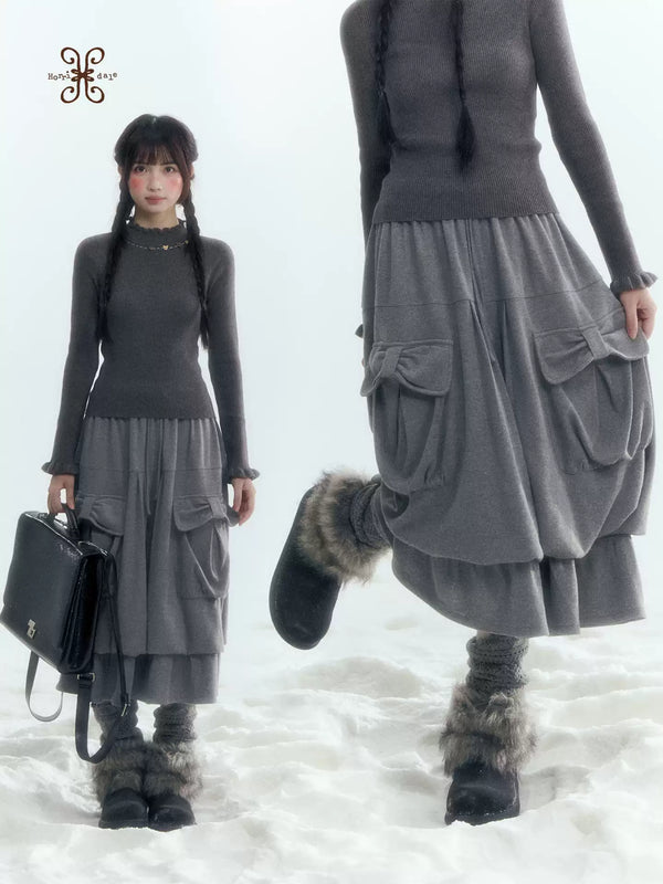 Horridale - Light Gray Pleated Knit Bubble Skirt with Oversized Pockets