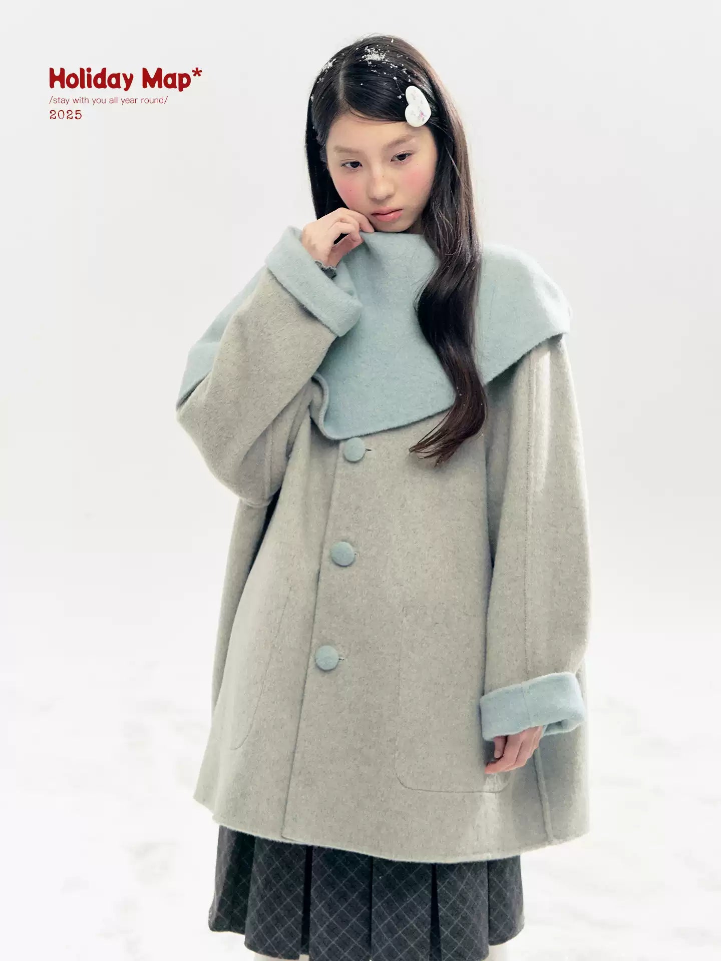 "Double Winter Embrace" Blue & Gray Reversible Wool-Blend Cape Coat