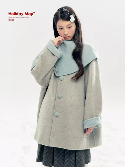 "Double Winter Embrace" Blue & Gray Reversible Wool-Blend Cape Coat